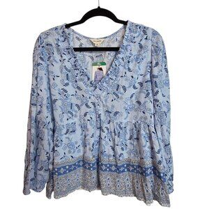 Lucky Brand Shirt Womens XL Blue Floral Boho Peasant Top 3/4 Sleeve Lightweight